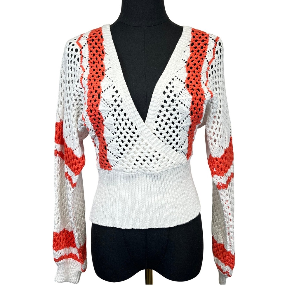Sage + Fig Crochet V Neck Sweater Top Size‎ S Lace Up Boho Hippy Festival Retro